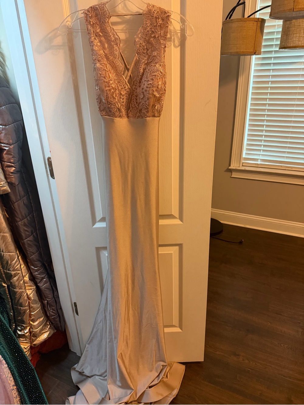 Jovani Lace Bodice Satin Chemise in Blush